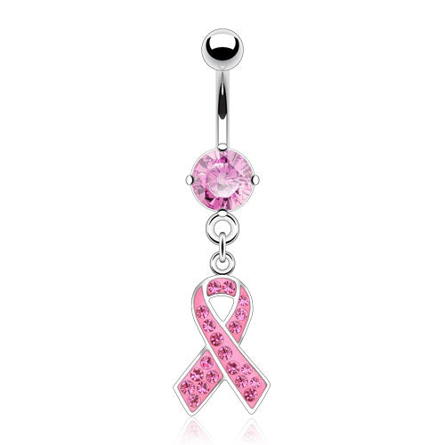 Pink Ribbon Breast Cancer Awareness Crystal Dangling Belly Button Ring - Stainless Steel