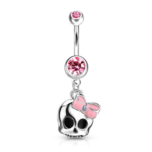 Cute Skull with Paved Gem and Epoxy Bow Navel Belly Ring - 316L Surgical Steel