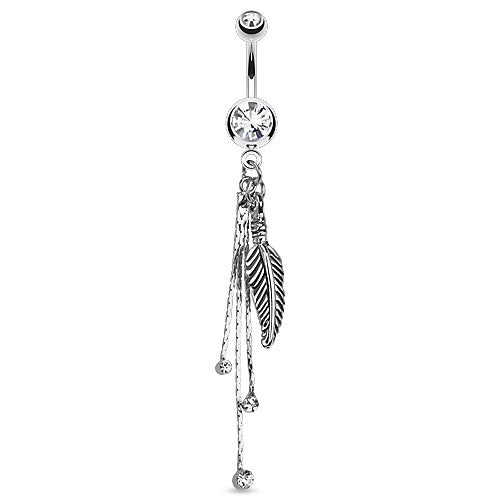 Feather and Chains CZ Crystal Dangling Belly Button Ring
- 316L Stainless Steel