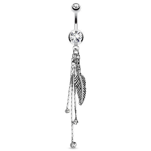 Feather and Chains CZ Crystal Dangling Belly Button Ring
 - 316L Stainless Steel