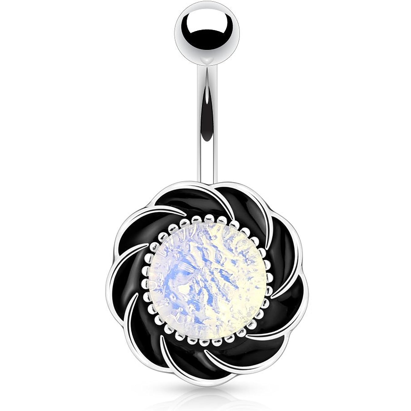 Swirling Flower with Semi Precious Stone Center Belly Button Ring - 316L Stainless Steel