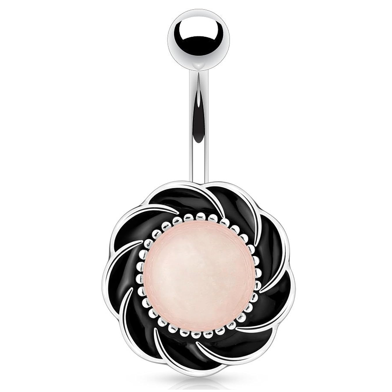Swirling Flower with Semi Precious Stone Center Belly Button Ring - 316L Stainless Steel