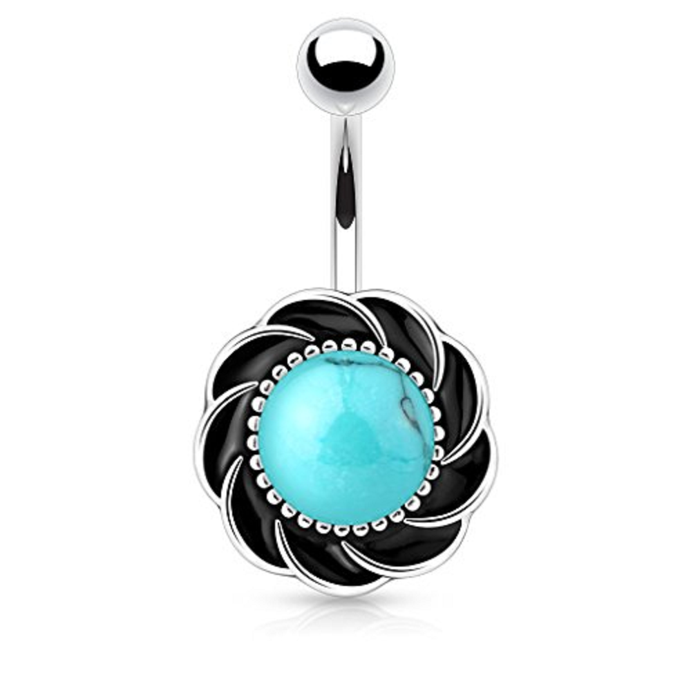 Swirling Flower with Semi Precious Stone Center Belly Button Ring - 316L Stainless Steel