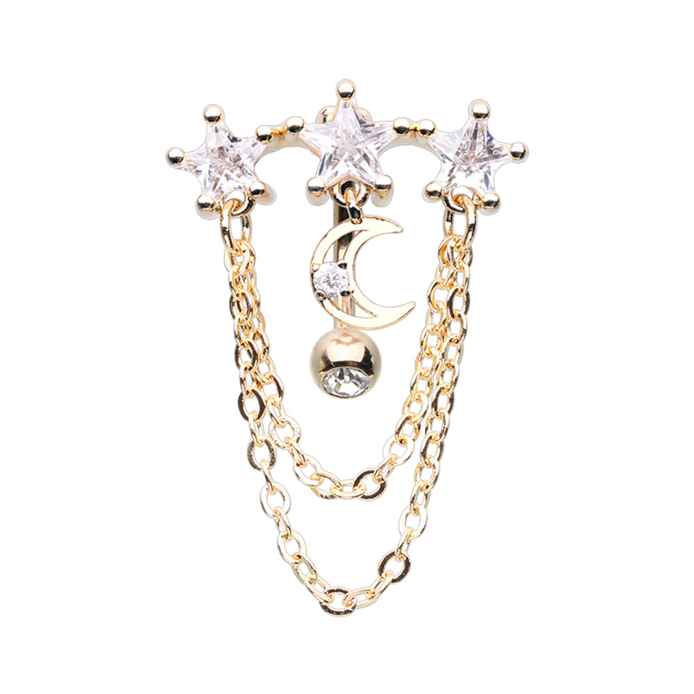 CZ Crystal Dangling Chains Celestial Top Drop Reverse Belly Button Ring
- Stainless Steel