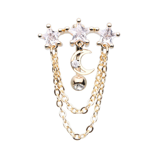 CZ Crystal Dangling Chains Celestial Top Drop Reverse Belly Button Ring
 - Stainless Steel