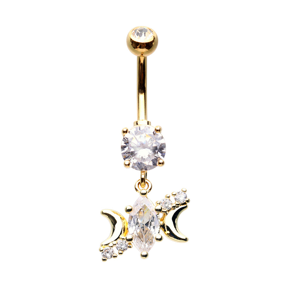 CZ Crystal Marquise with Crescent Moon Sides Dangling Belly Button Ring - Stainless Steel