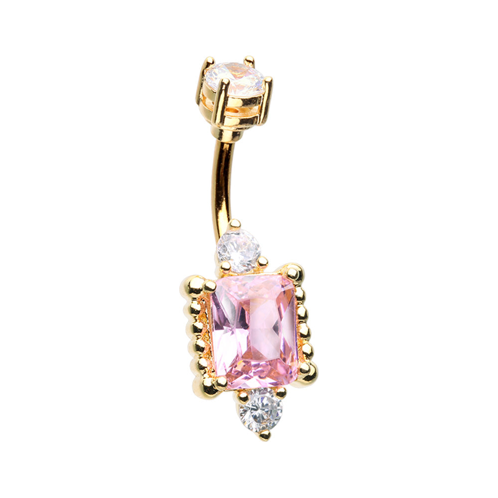 Pink CZ Crystal Princess Mirror Belly Button Ring - Stainless Steel