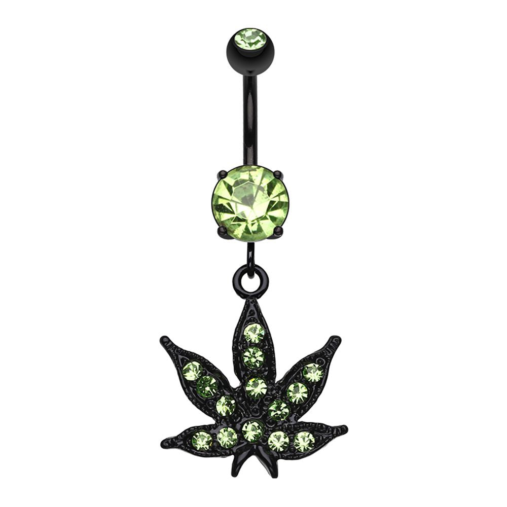 Green CZ Crystal Pot Leaf Dangling Belly Button Ring - Black Stainless Steel