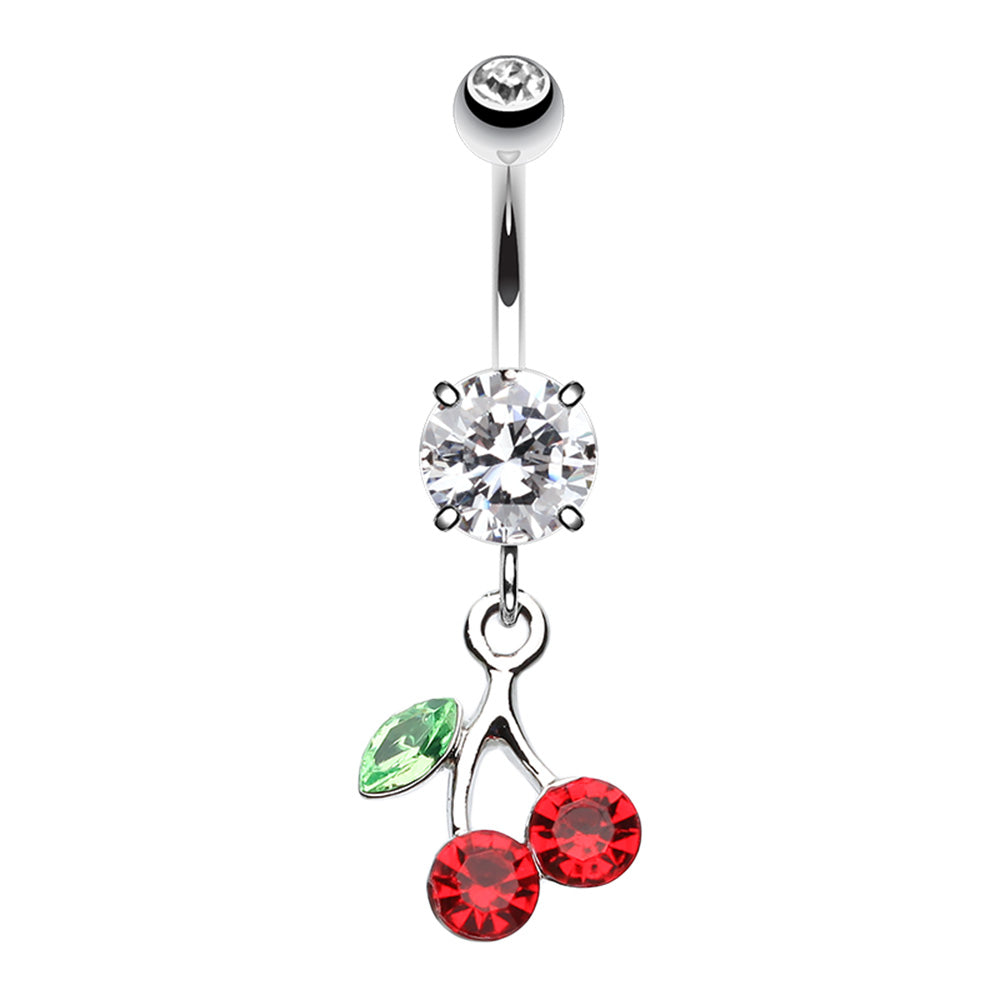 CZ Crystal Cherry Dangling Belly Button Ring - Stainless Steel