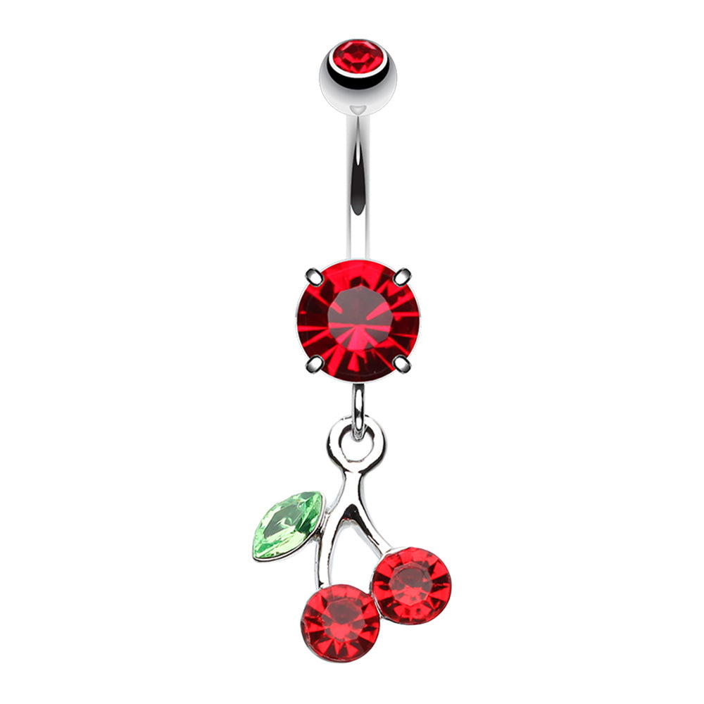 CZ Crystal Cherry Dangling Belly Button Ring - Stainless Steel