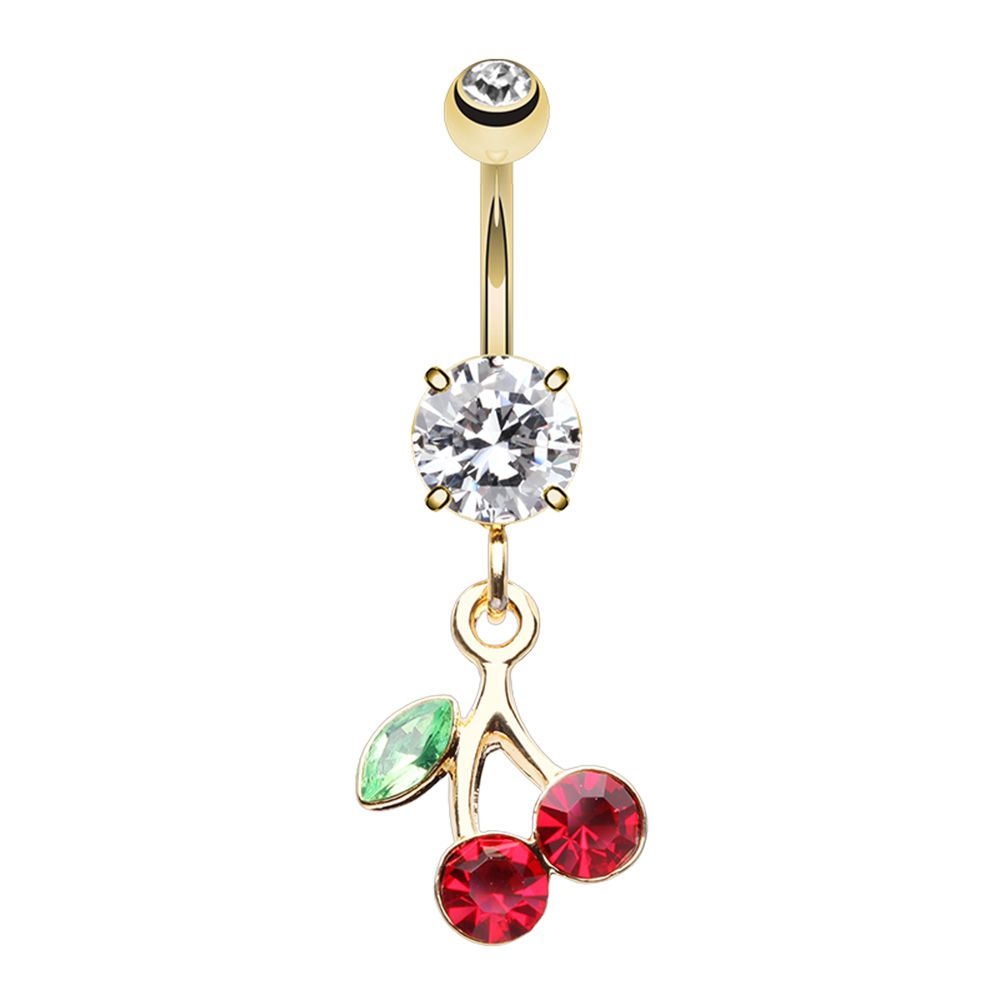 CZ Crystal Cherry Dangling Belly Button Ring - Stainless Steel