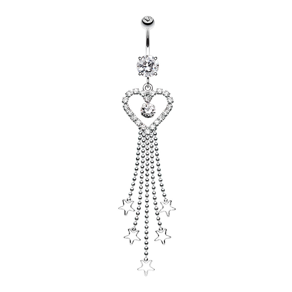 CZ Crystal Heart Outline with Dangling Star Chains Belly Button Ring - Stainless Steel