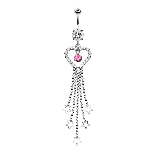 CZ Crystal Heart Outline with Dangling Star Chains Belly Button Ring - Stainless Steel