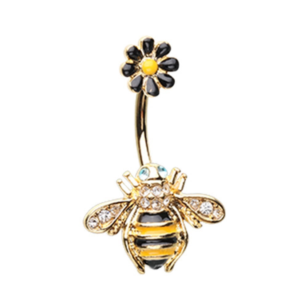 CZ Crystal Golden Queen Bee Flower Top Belly Button Ring - Stainless Steel