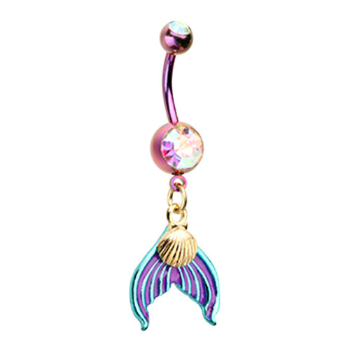 Aurora Borealis Mythical Mermaid Tail Dangle Belly Button Ring - Stainless Steel