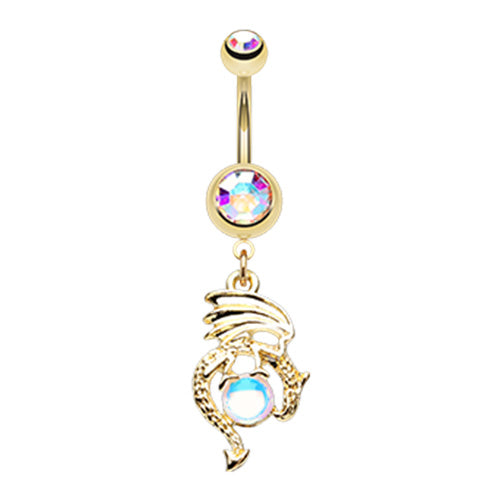 Aurora Borealis CZ Crystal Ball Dragon Dangle Belly Button Ring
- Stainless Steel