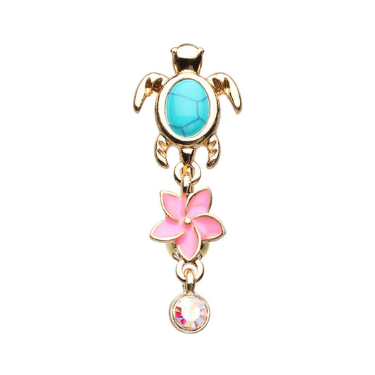 Golden Hawaiian Sea Turtle and Plumeria Flower Dangle Belly Button Ring - Stainless Steel
