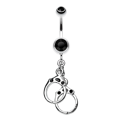 Dangling Handcuffs Sparkling Crystal Belly Button Ring - Stainless Steel