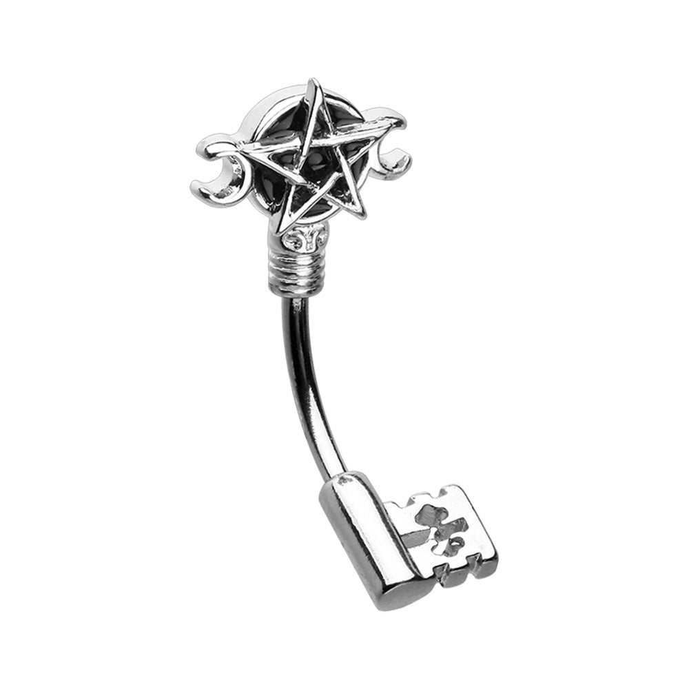 Curved Blackened Wiccan Pentagram Key Belly Button Ring - Stainless Steel