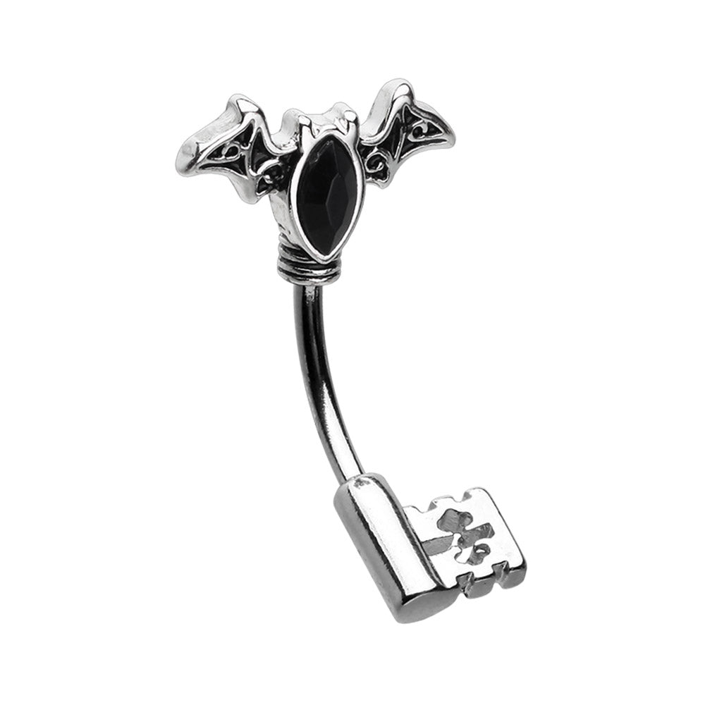 Skeleton Key with Gemmed Bat Top Belly Button Ring - 316L Stainless Steel