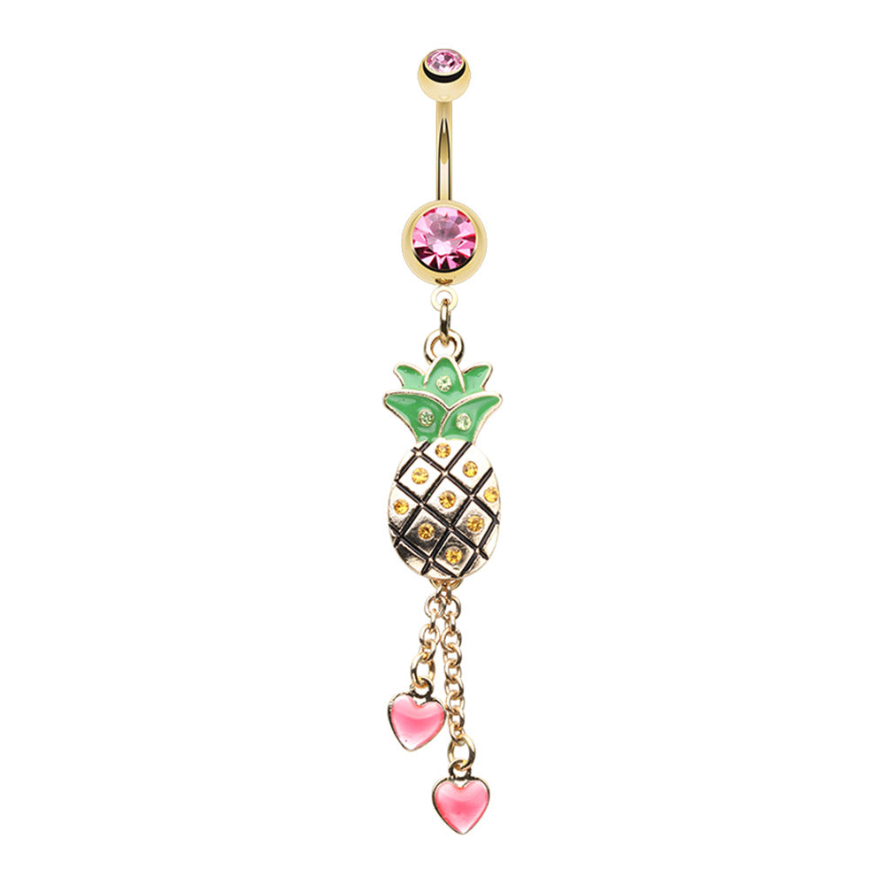 Pink CZ Crystal Pineapple Dangling Chains Belly Button Ring - Gold Plated Stainless Steel