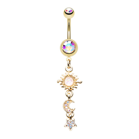 Golden Sun Moon and Star Celestial Dangle Belly Button Ring - Stainless Steel