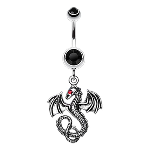 Jeweled Eye Mythical Dragon Dangle Belly Button Ring - Stainless Steel