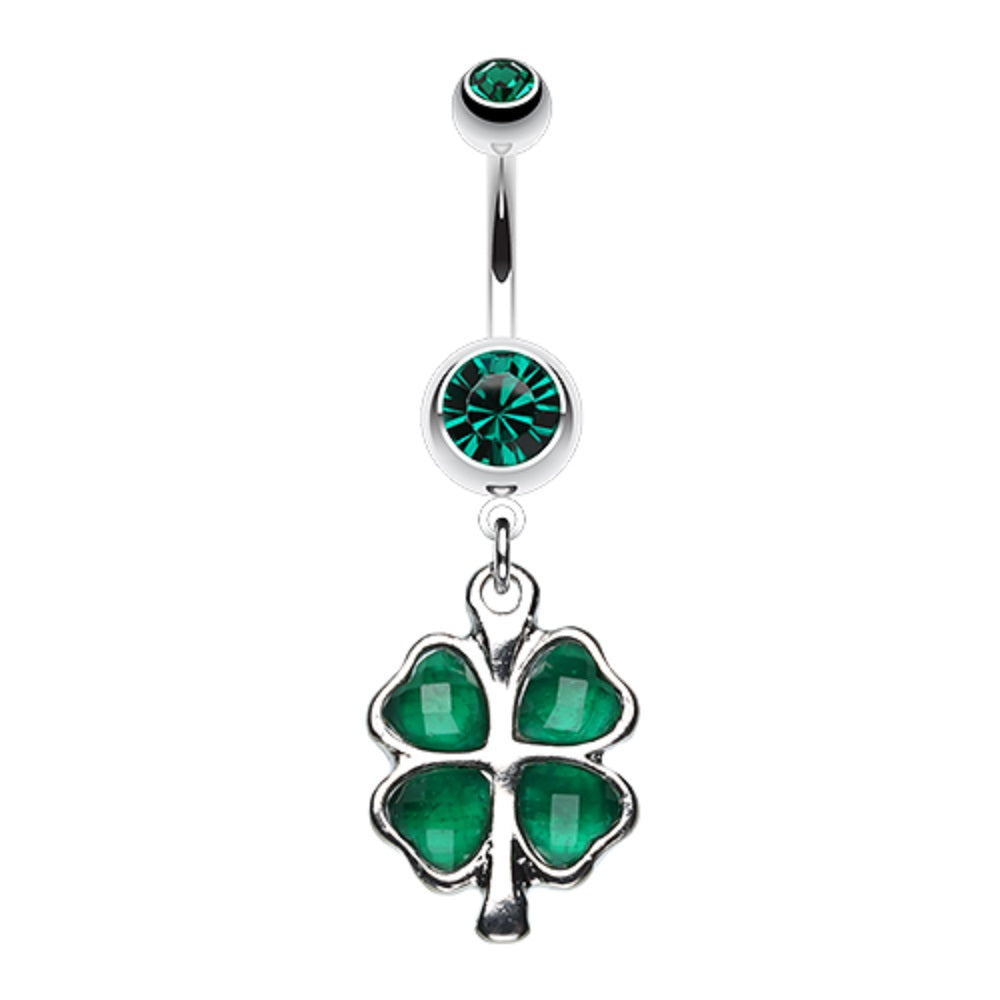 Lucky Four Leaf Clover Shamrock Irish Dangling Belly Button Ring - Stainless Steel
