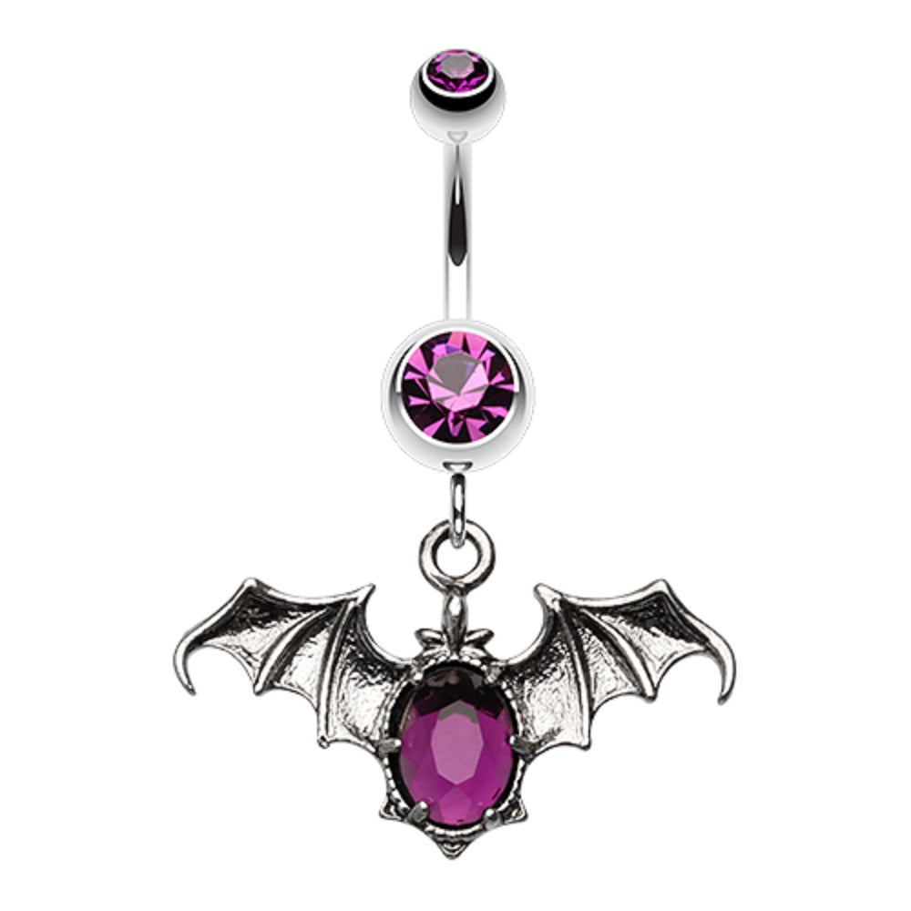 Gothic Zombie Vampire Bat with CZ Body Dangle Belly Button Ring - Stainless Steel
