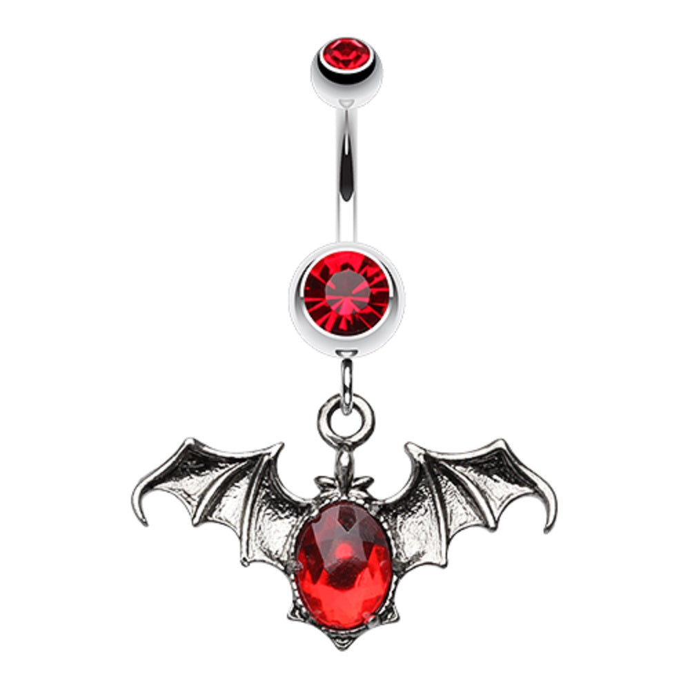 Gothic Zombie Vampire Bat with CZ Body Dangle Belly Button Ring - Stainless Steel