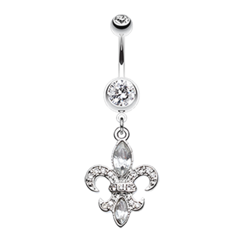 CZ Crystal Fleur De Lis Dangling Belly Button Ring - Stainless Steel