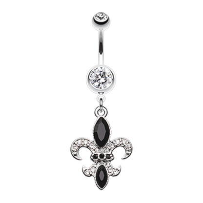 CZ Crystal Fleur De Lis Dangling Belly Button Ring - Stainless Steel
