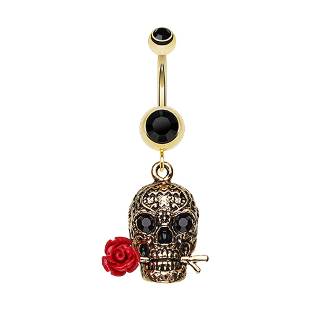 Calavera Skull with Red Rose Dangling Belly Button Ring - 316L Stainless Steel