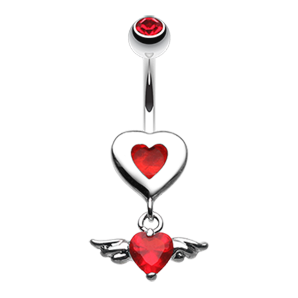 Red CZ Crystal Winged Heart Dangling Belly Button Ring - Stainless Steel