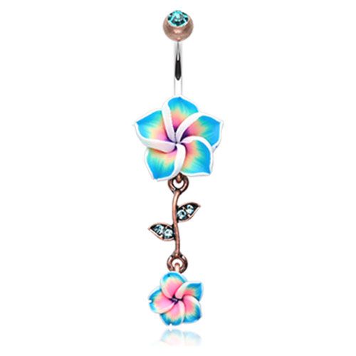 Vintage Boho Hawaiian Plumeria Flower Dangle Belly Button Ring - Stainless Steel