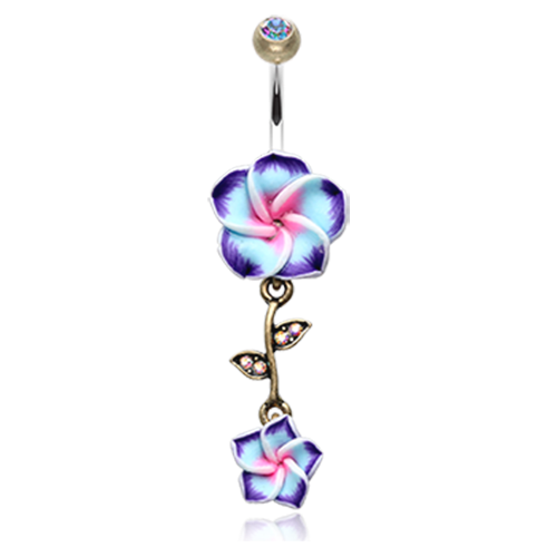 Vintage Boho Hawaiian Plumeria Flower Dangle Belly Button Ring - Stainless Steel