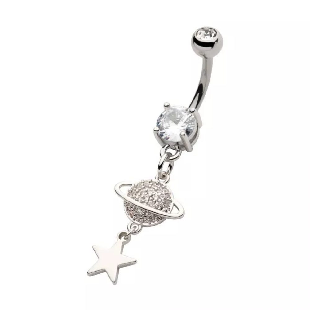 CZ Crystal Planet and Dangling Star Belly Button Ring - 316L Stainless Steel