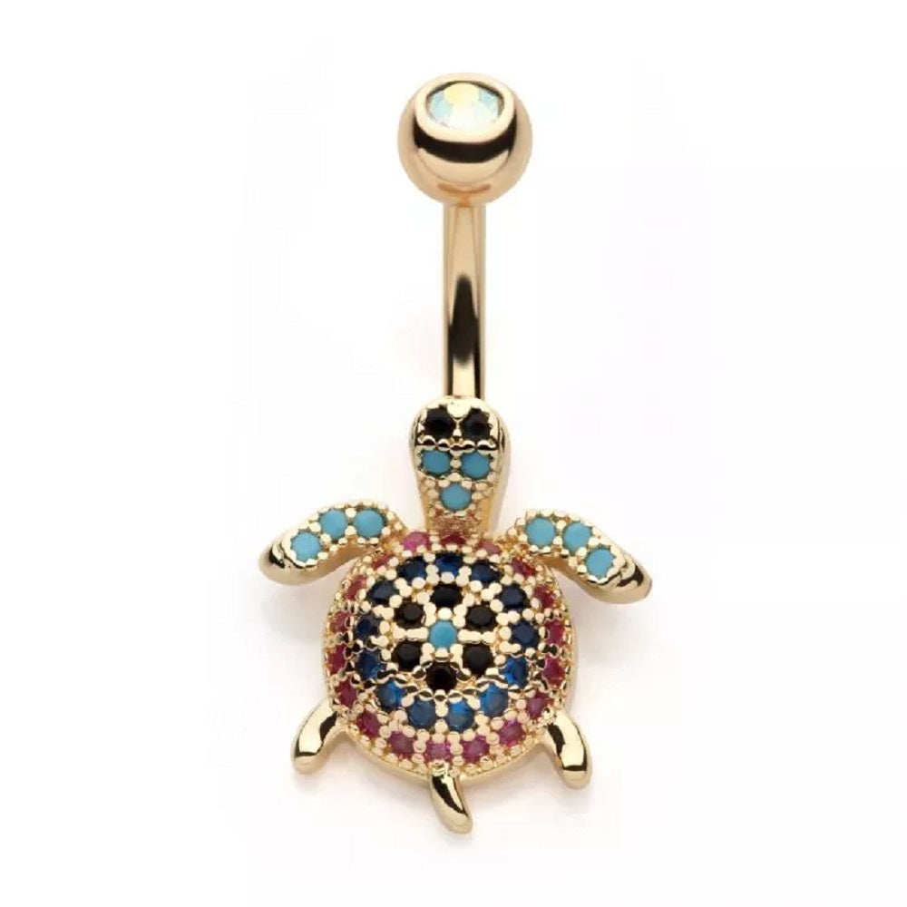 Gold Tone Multicolor Crystal Paved Turtle Belly Button Ring - 316L Stainless Steel