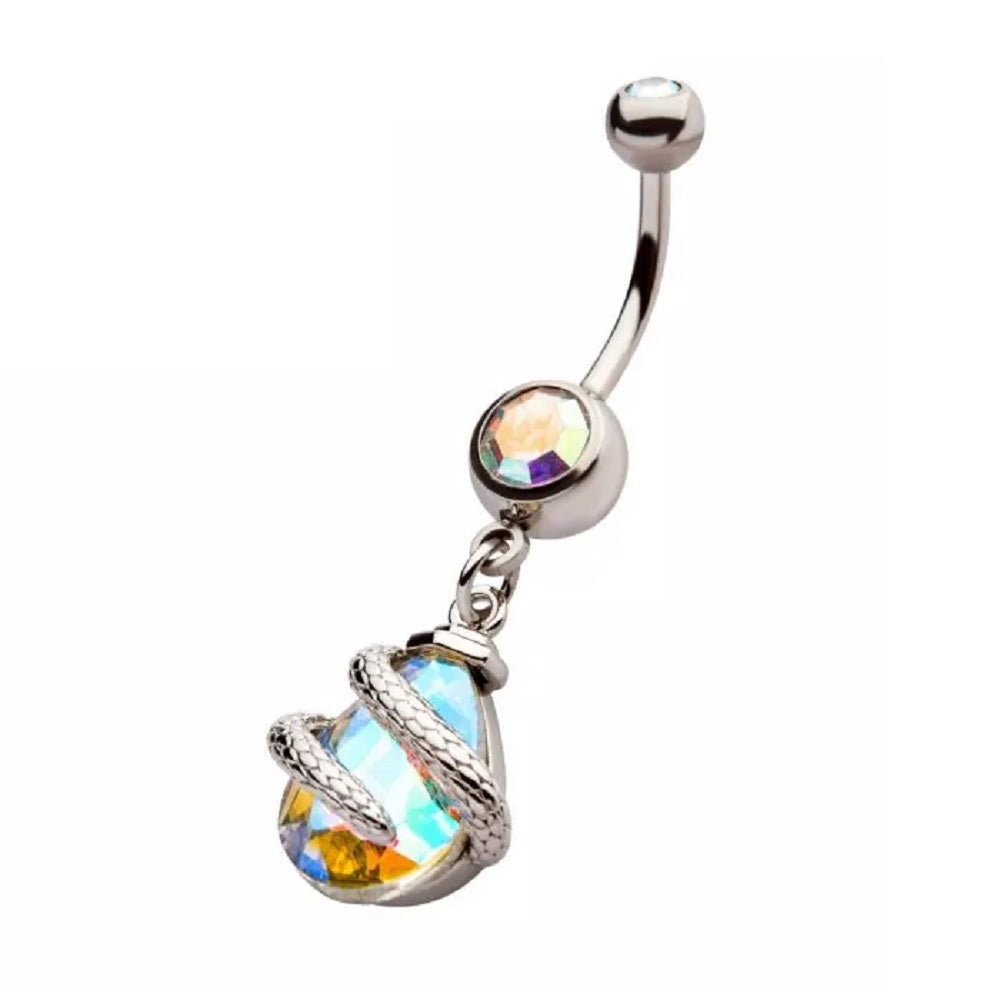 Snake Wrapped AB Teardrop Gem Dangle Belly Button Ring - 316L Stainless Steel