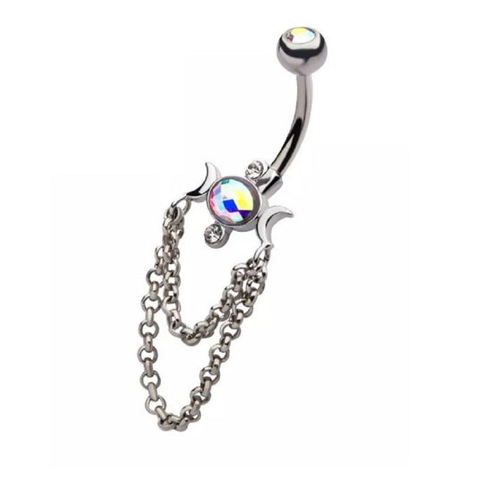 Double Crescent Moons with Dangle Chains Belly Button Ring - 316L Stainless Steel