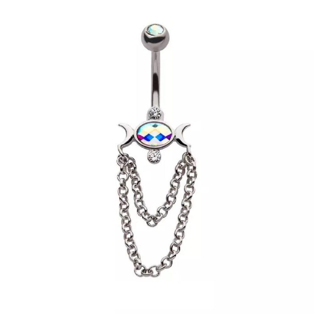 Double Crescent Moons with Dangle Chains Belly Button Ring - 316L Stainless Steel