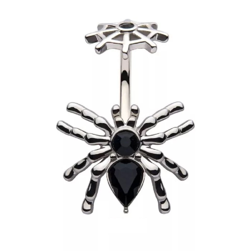 Black CZ Crystal Bodied Spider with Fixed Web Top Belly Button Ring - 316L Stainless Steel