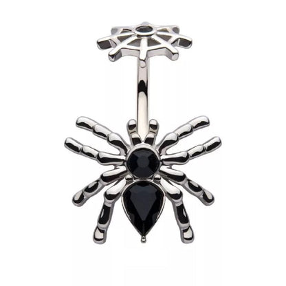 Black CZ Crystal Bodied Spider with Fixed Web Top Belly Button Ring - 316L Stainless Steel