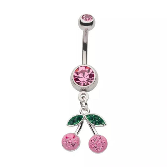 CZ Crystal Pink Cherry Dangling Belly Button Ring - 316L Stainless Steel