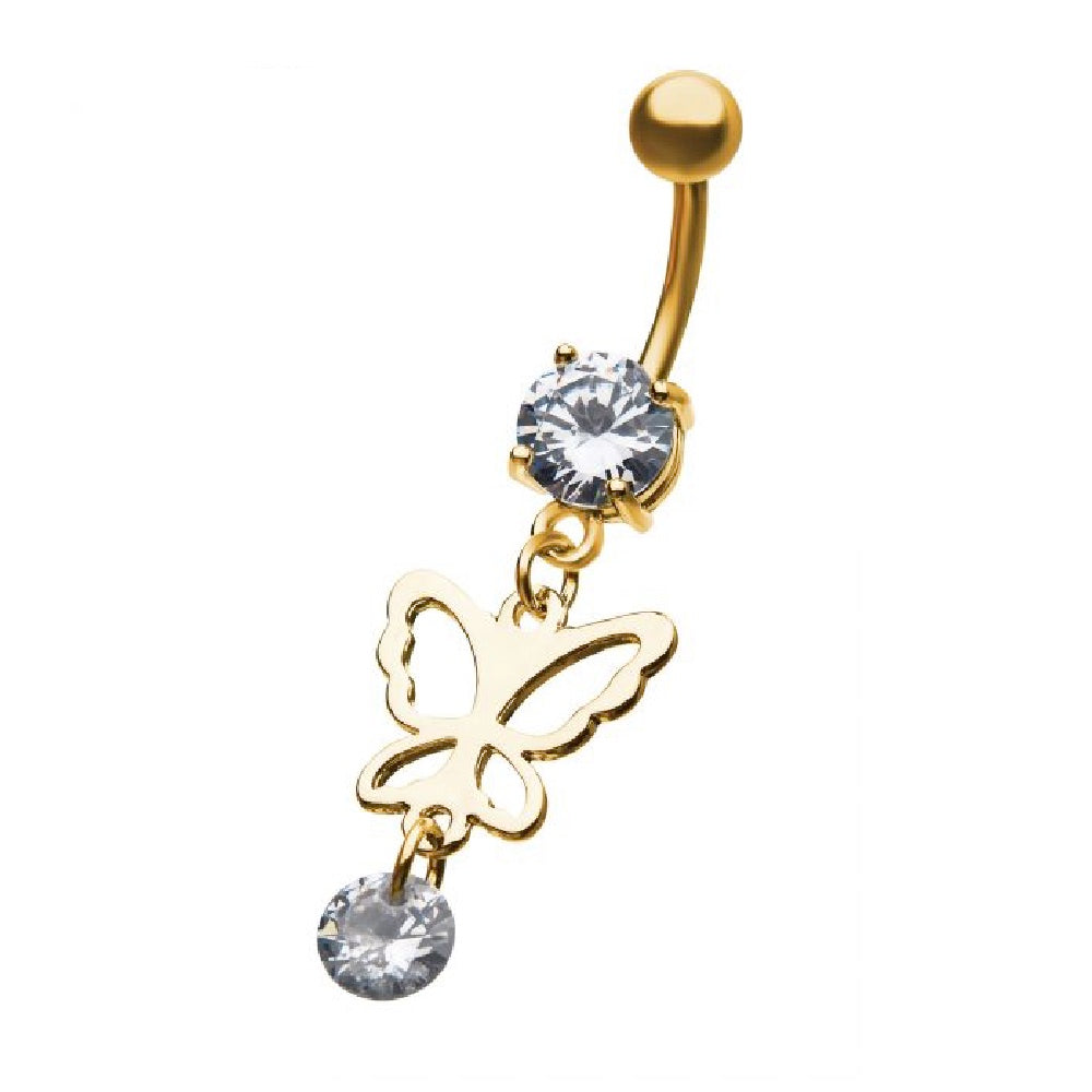 Crystal Butterfly Dangling Belly Button Ring - Stainless Steel