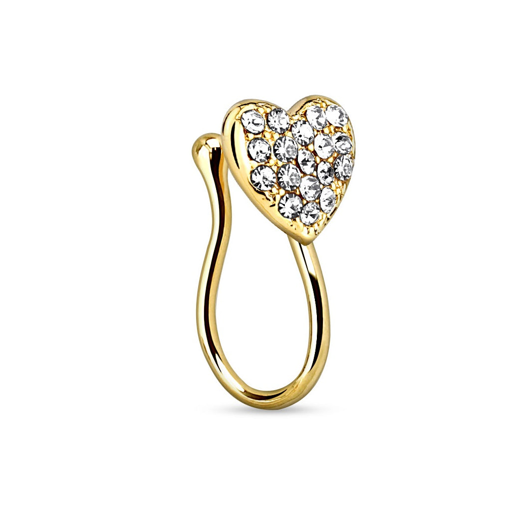 Heart with Gems Clip On Fake Non No Piercing Nose Ring - Brass