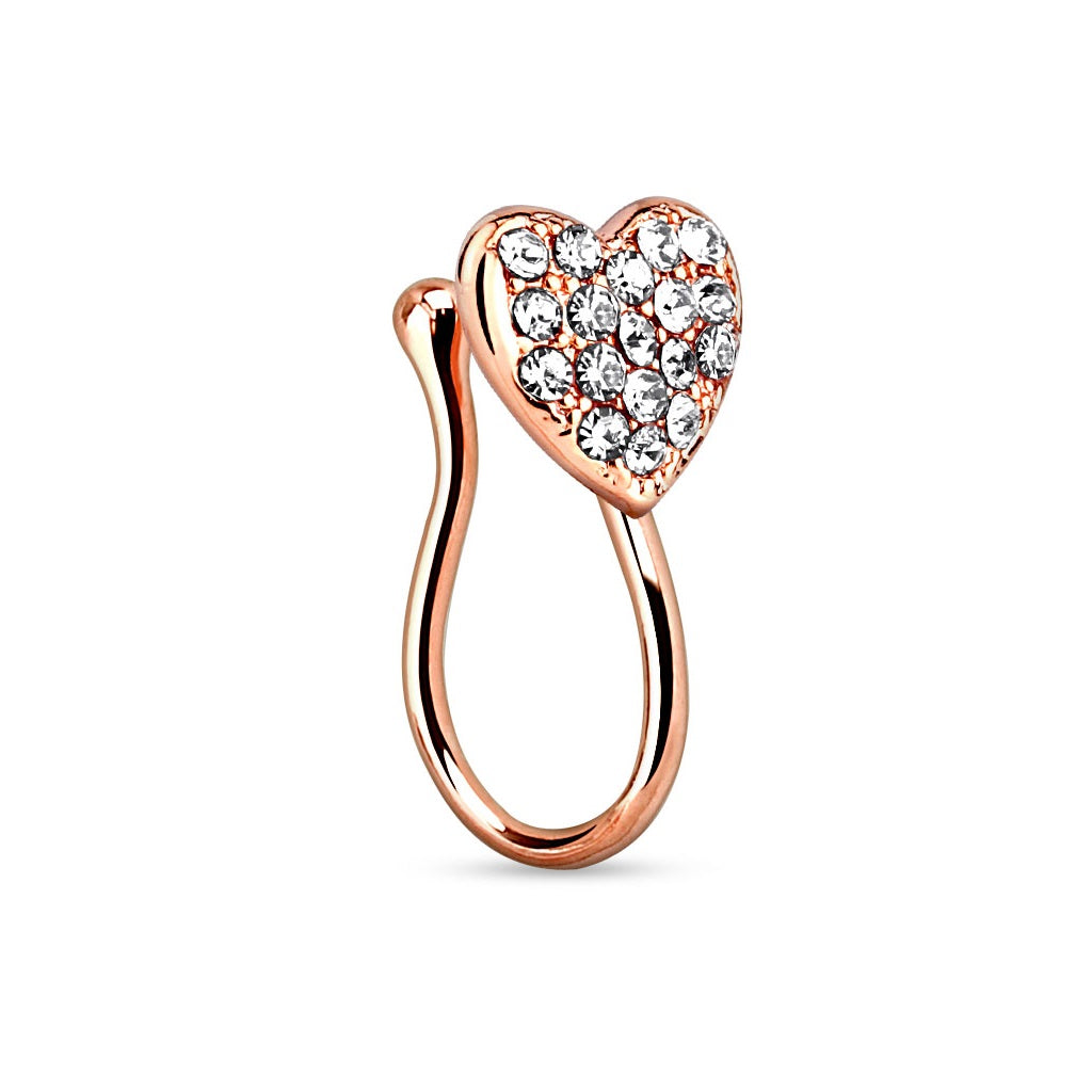 Heart with Gems Clip On Fake Non No Piercing Nose Ring - Brass