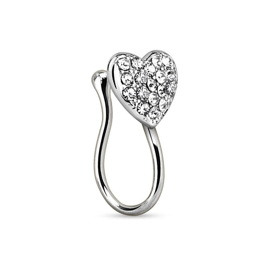 Heart with Gems Clip On Fake Non No Piercing Nose Ring - Brass