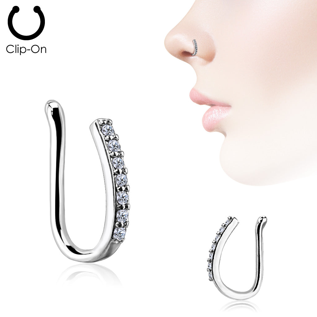CZ Crystal Lined Bar Non Piercing Nose Clip - Brass