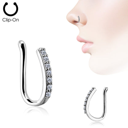 CZ Crystal Lined Bar Non Piercing Nose Clip - Brass
